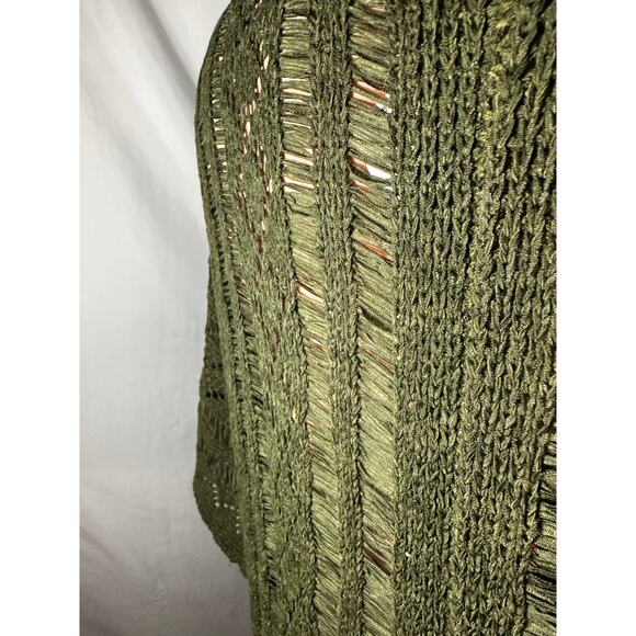Rock & Roll Denim Olive Green Open Knit Fringe Cardigan Women’s Large Boho - Picture 6 of 11
